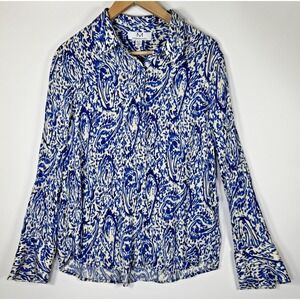 Magaschoni Blouse Womens XL Blue White Paisley Abstract Button Front Long Sleeve